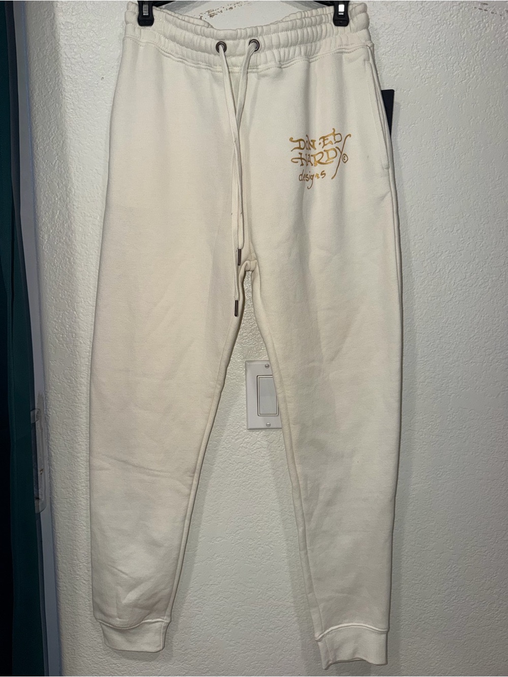Ed Hardy Cream Jogger Sweatpants with Gold Logo